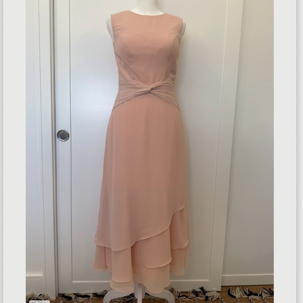 Stacees Womens Blush Pink Chiffon Layered Midi Dress Pleated Waist Formal Gown